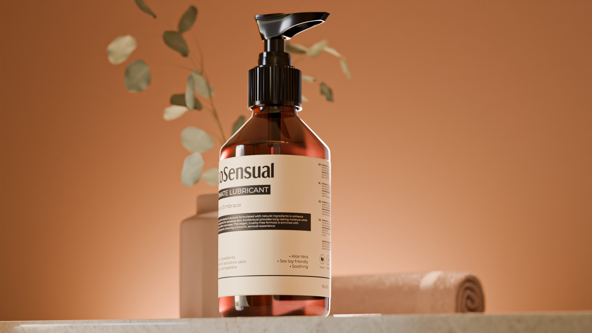 Clear silky texture of EcoSensual water-based organic lubricant dispensed from bottle